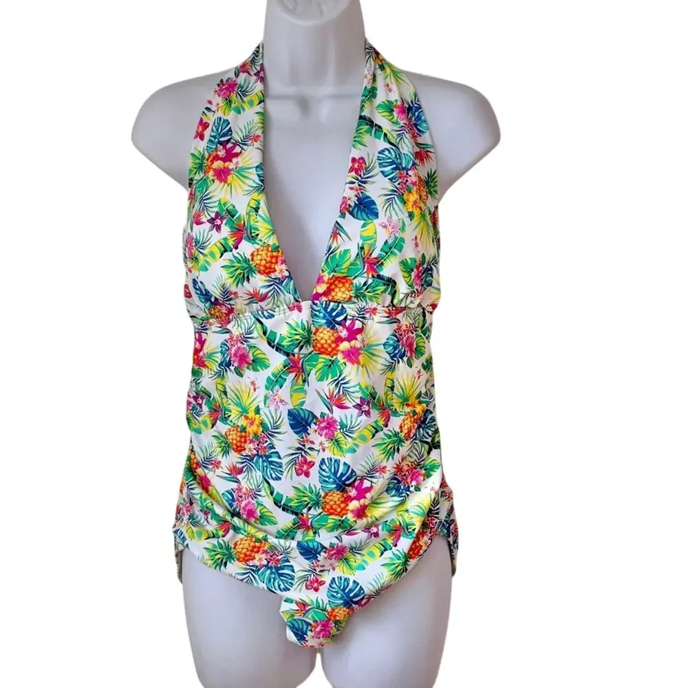 Firpearl White Tropical Pineapple Palm Halter Pin Up One Piece Swimsuit Size 12 - Picture 3 of 9